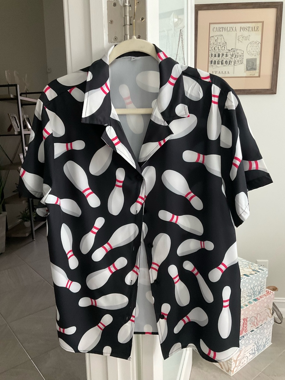 Black Bowling Pin Print Short Sleeve Shirt